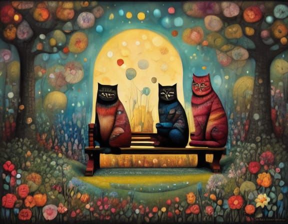 Three Whimsical Cats on a Weathered Park Bench