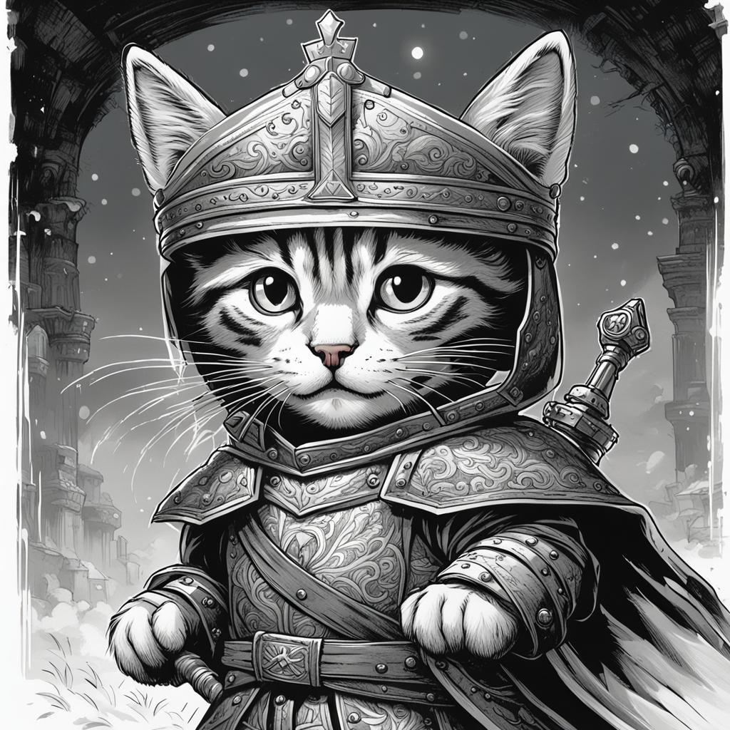 Tabby Kitten as King Arthur: Tenniel-Style Drawing