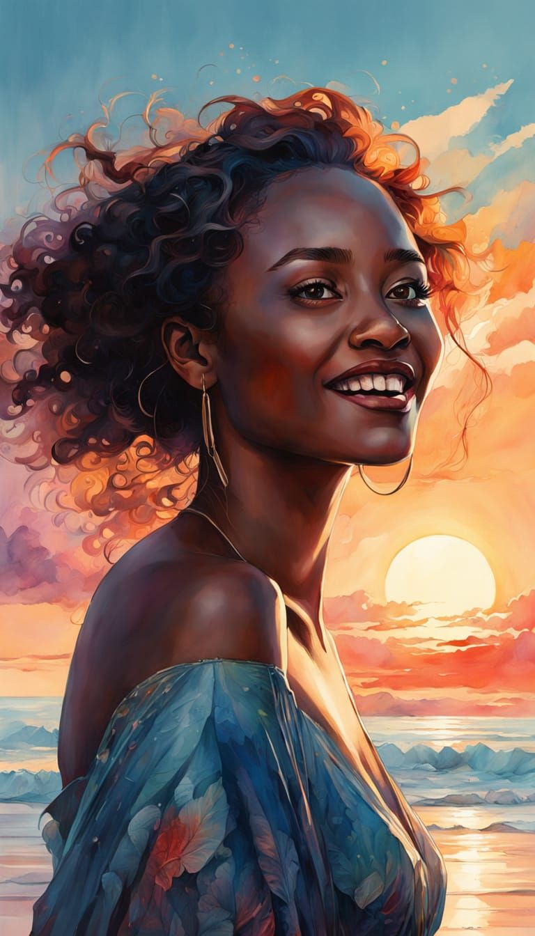 Laughing Woman on a Beach as Watercolor Art