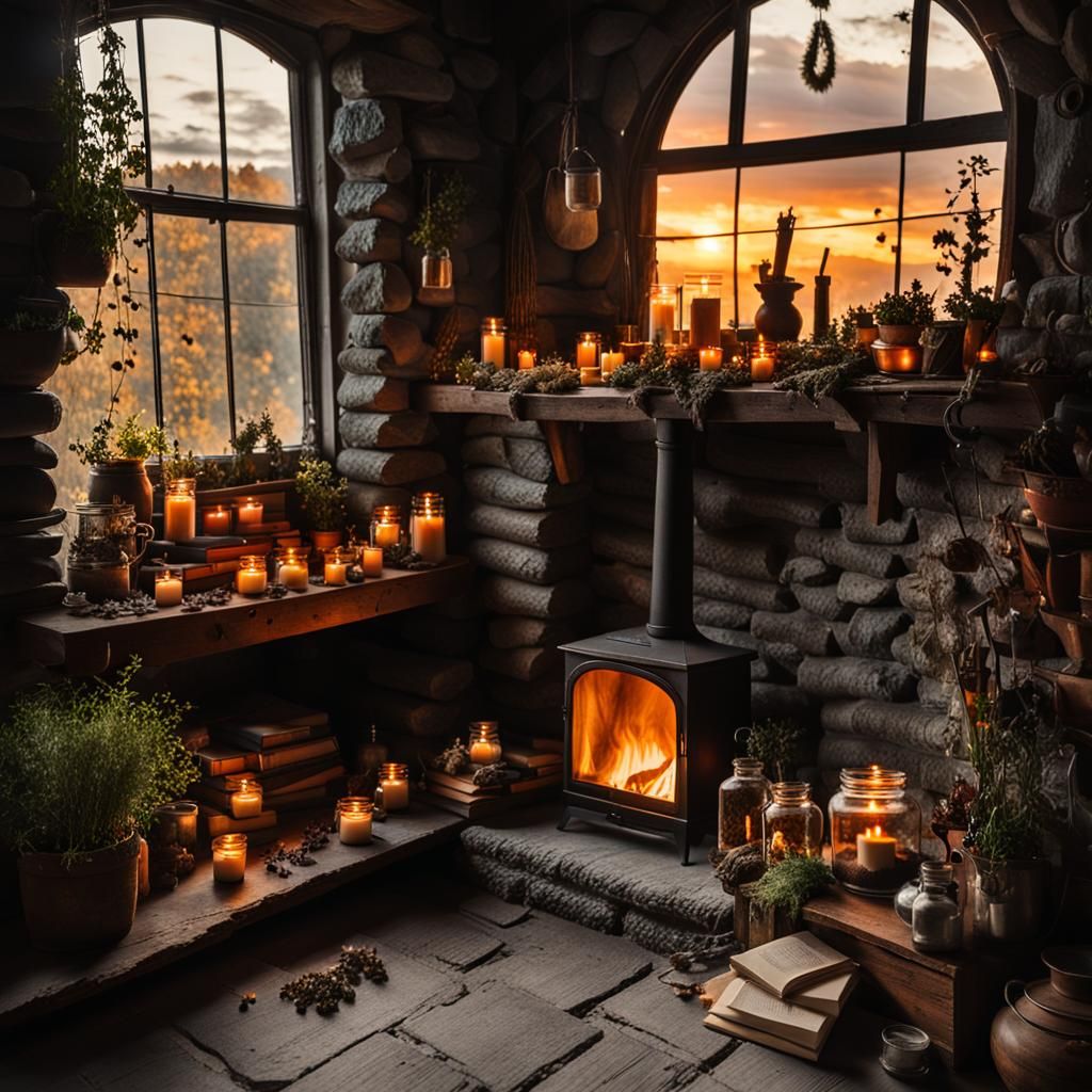 Vintage Apothecary Hearth with Autumn Sunset