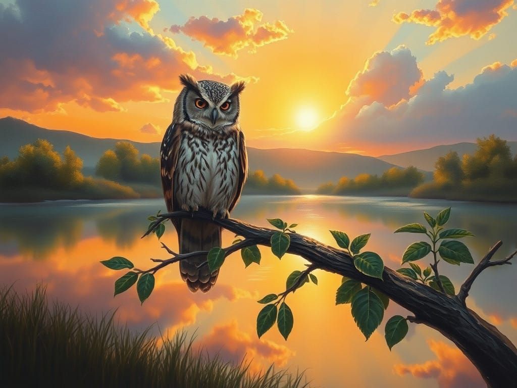 Ethereal Sunset Landscape with Perched Owl
