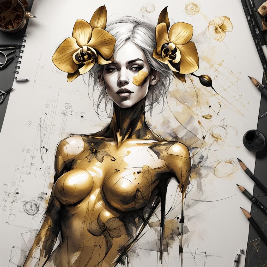 Nude Woman with Orchids in Technical Concept Art