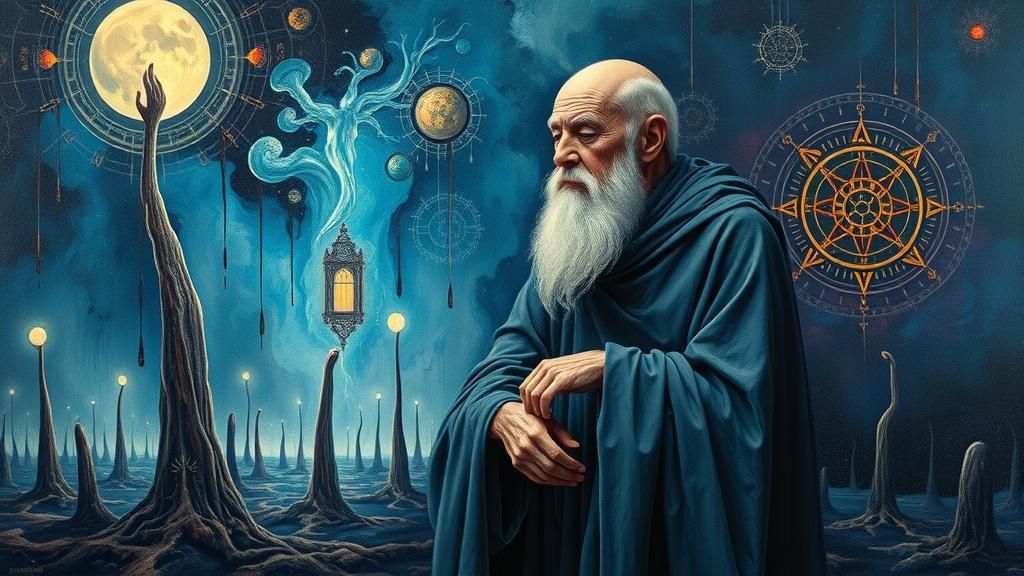 Wise Elder in Surreal Dystopian Dreamscape