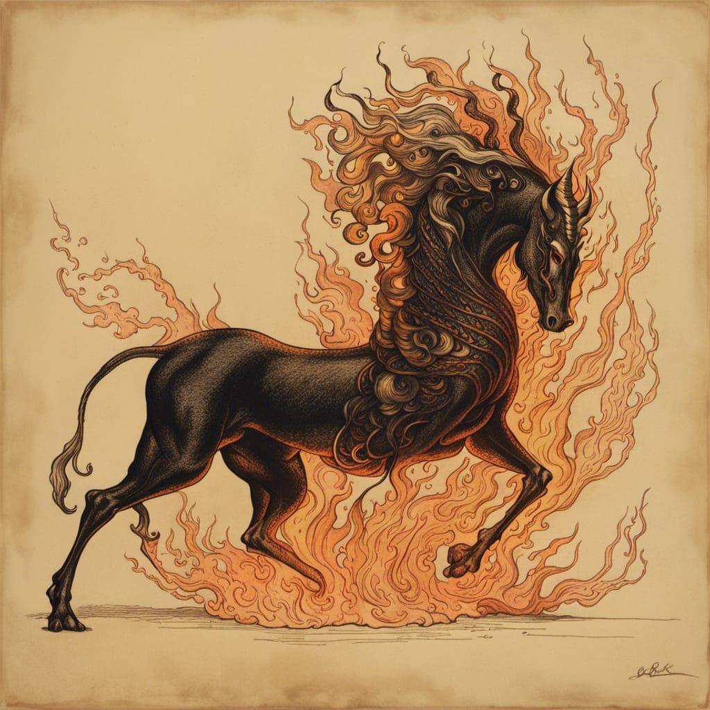 Fiery Skeletal Centaur: Gothic Horror Ink Sketch