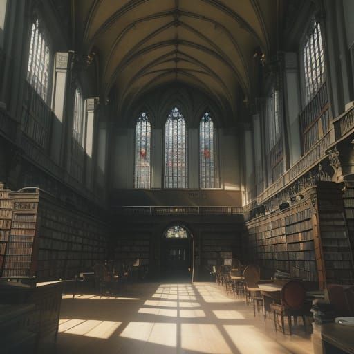Grand Library in Warm Golden Light with Cinematic Lighting
