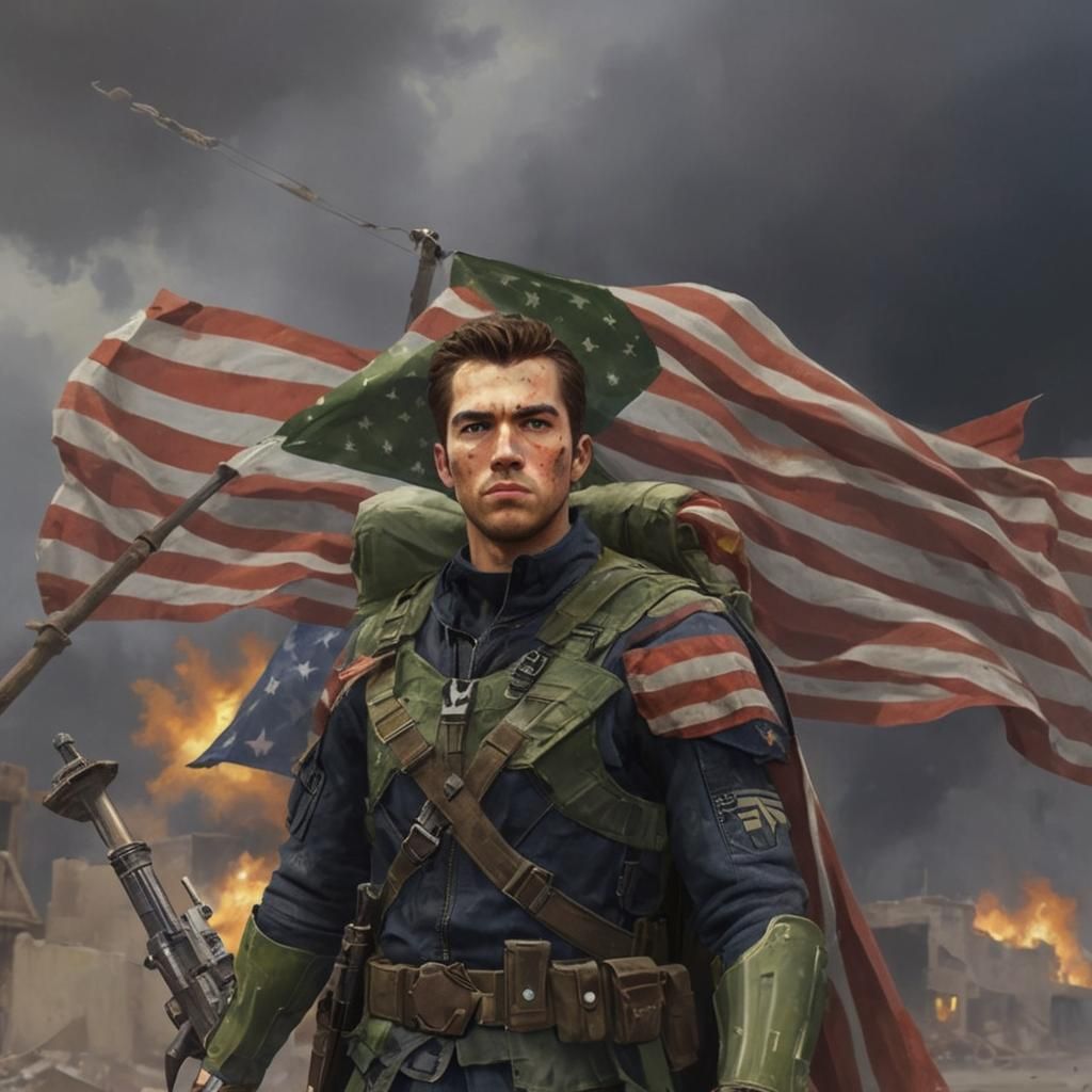 American Soldier in Ruined City: Digital Illustration