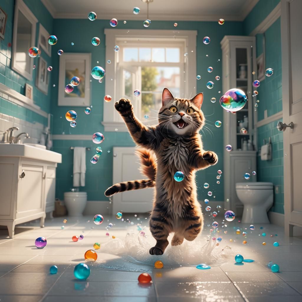 Cat Chasing Bubbles: 3D Digital Art