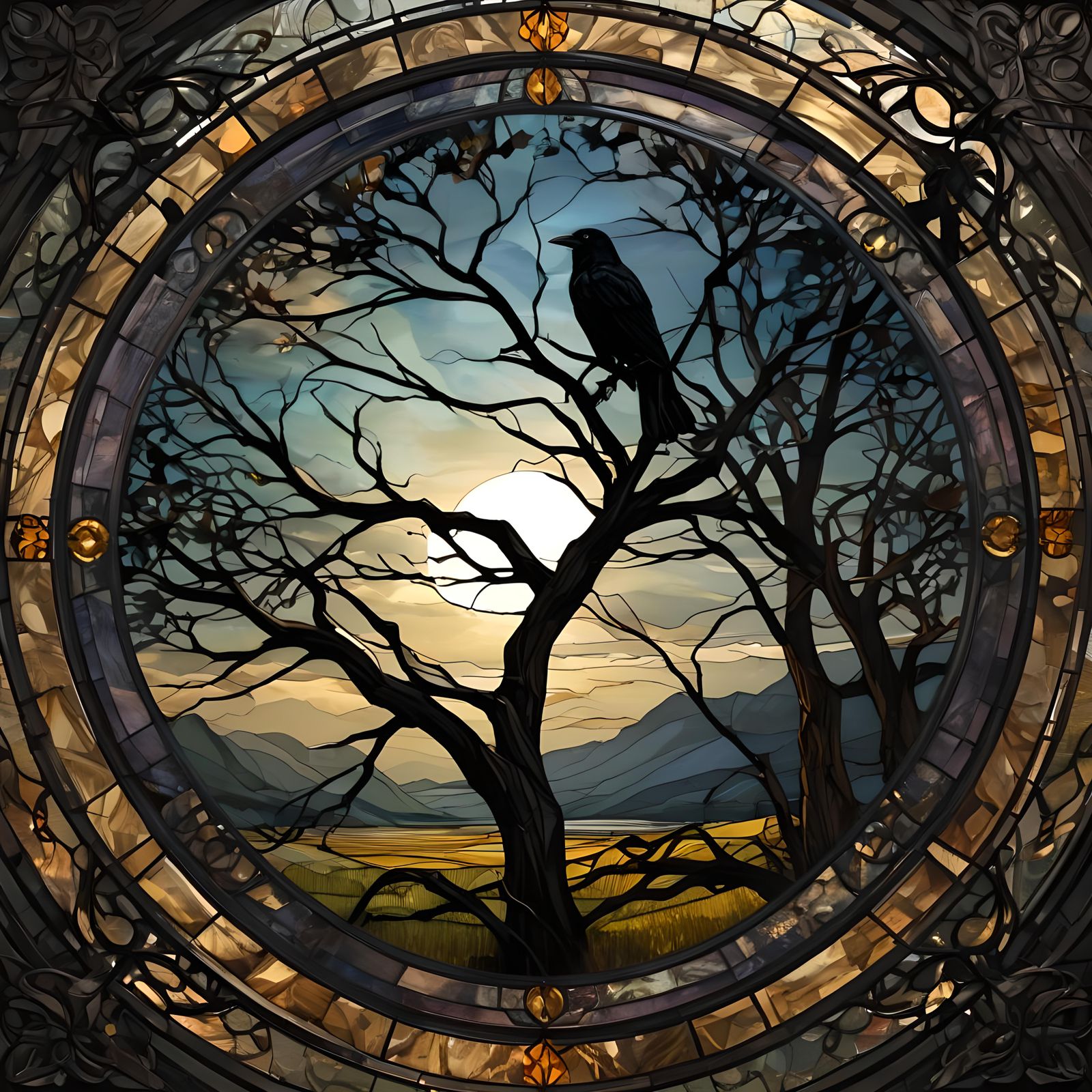 Stained Glass Landscape Portrait with Crow