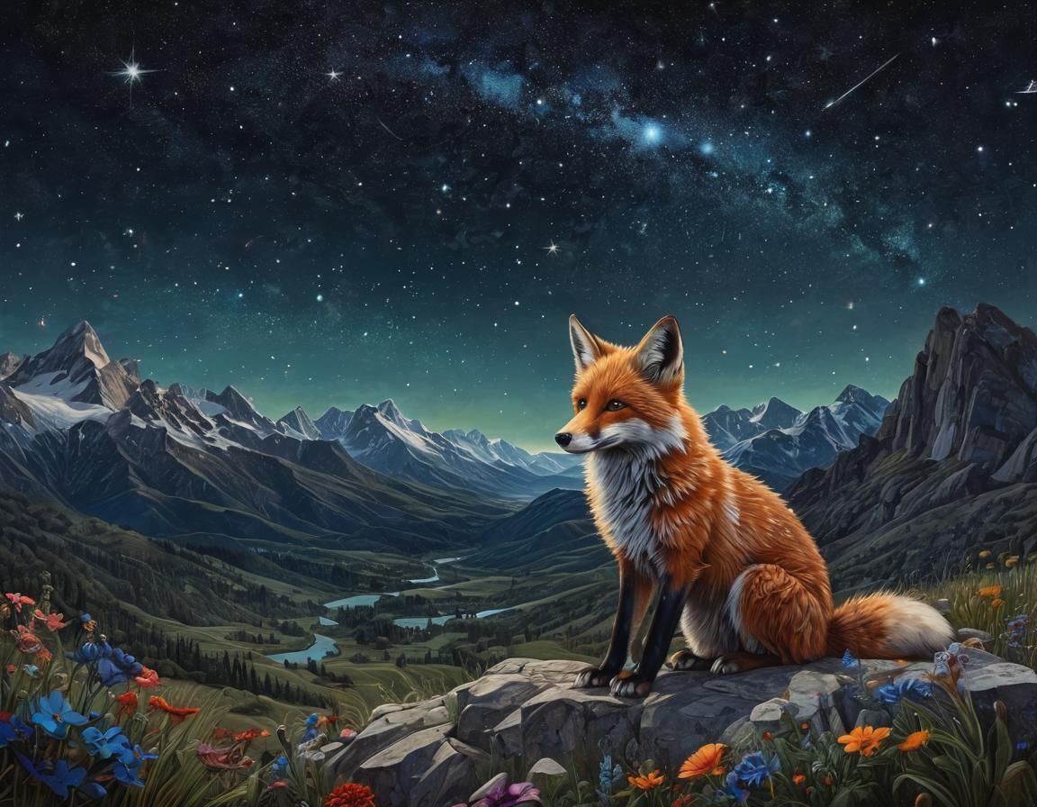 Fox in Night Sky, Whimsical 3D Artwork