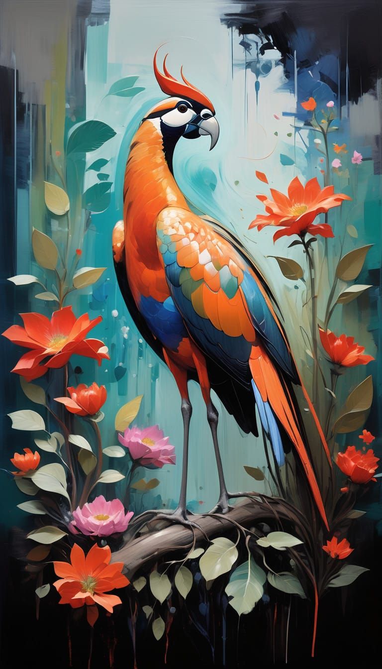 Ethereal Bird in Dreamlike Landscape with Surreal Flowers
