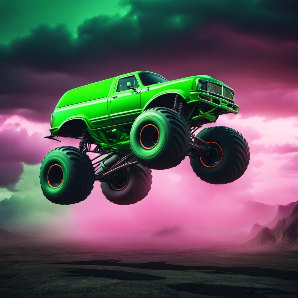 Fluorescent Green Monster Truck in Mid-Air