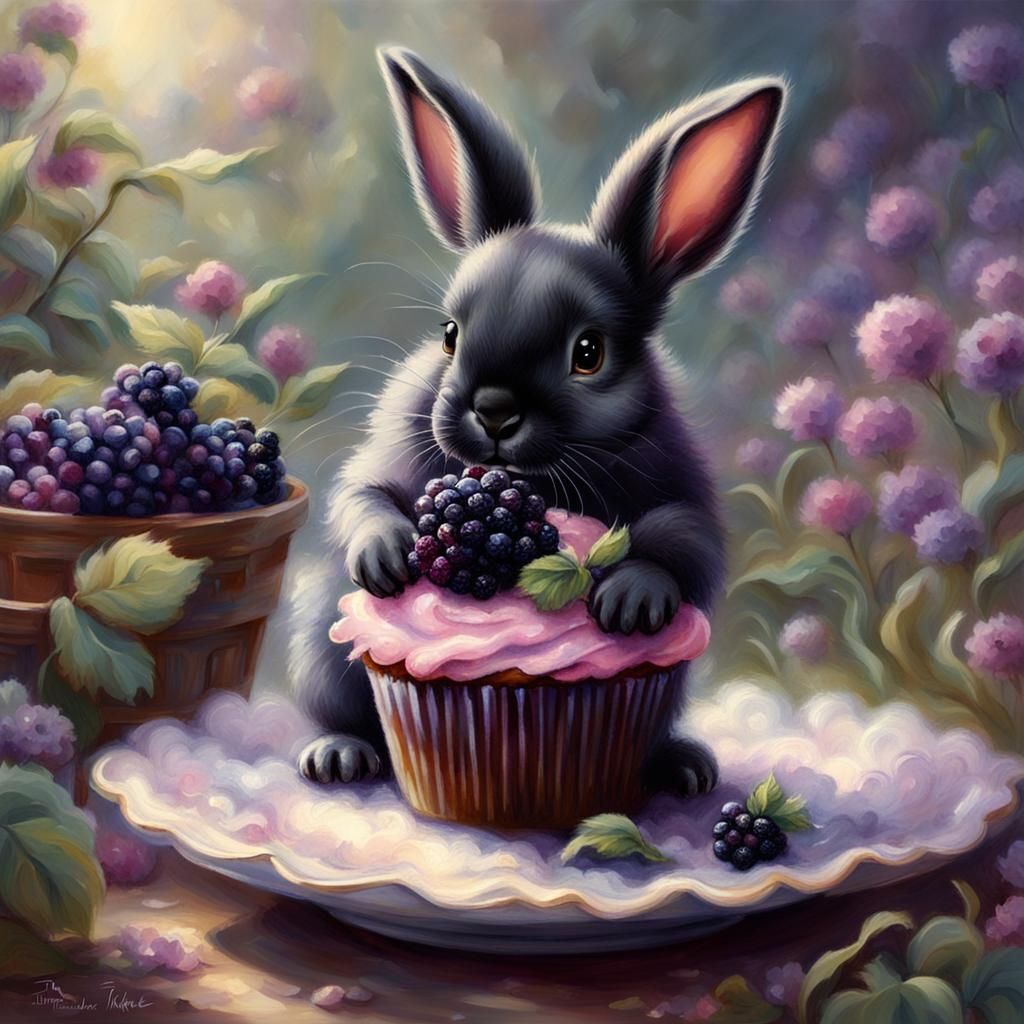 Black Bunny Eats Blackberry Cupcake in Fantasy Style