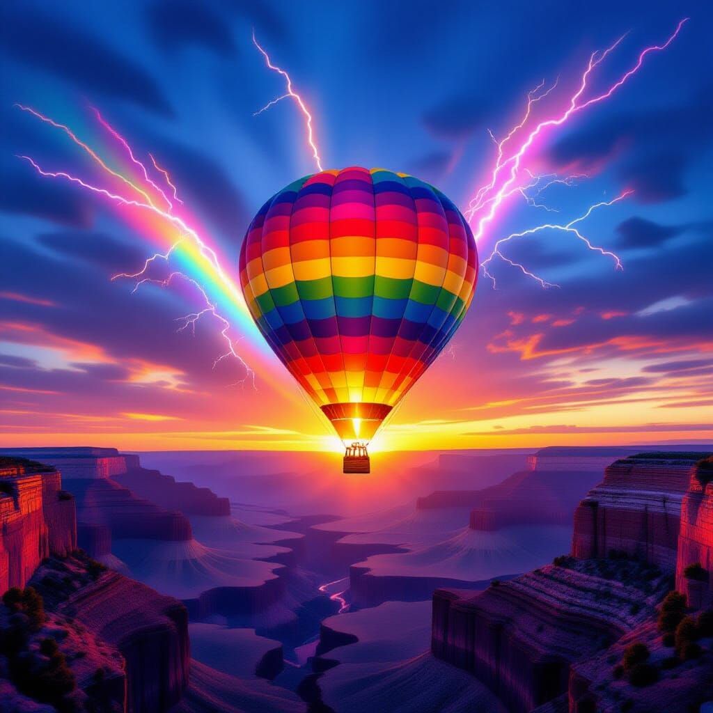 Rainbow Balloon Over Grand Canyon at Sunset