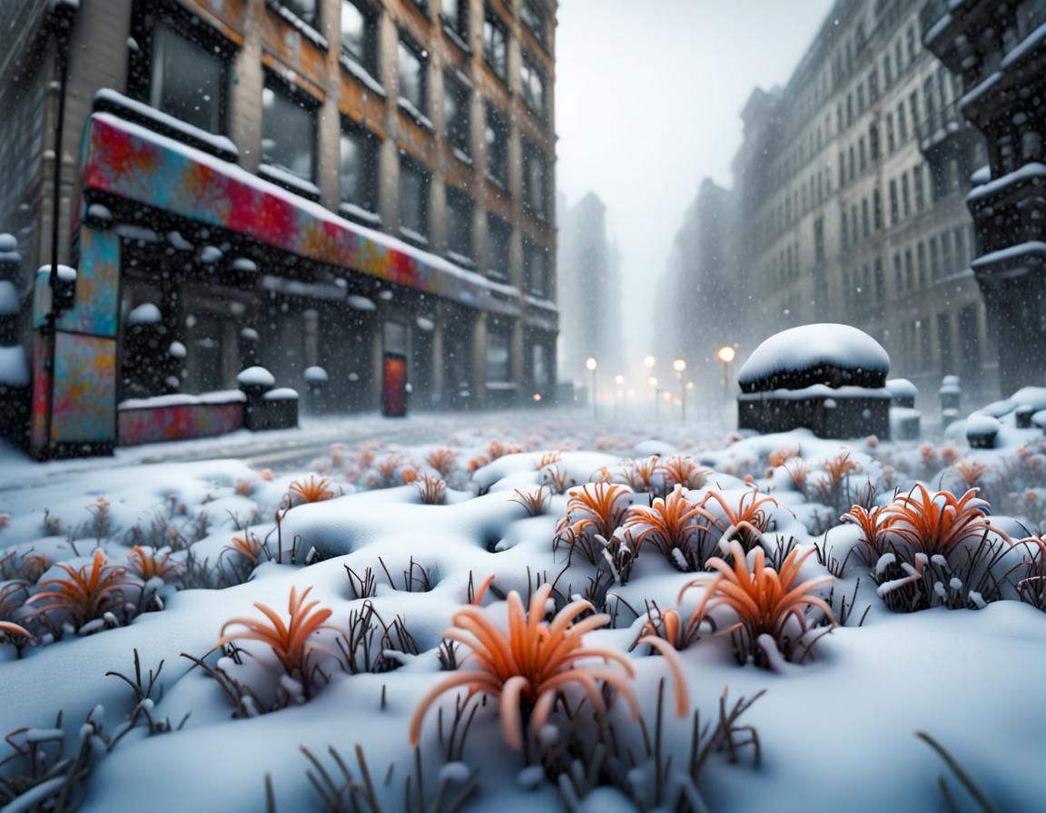 Snow Flowers Graffiti Art in Dystopian Cityscape