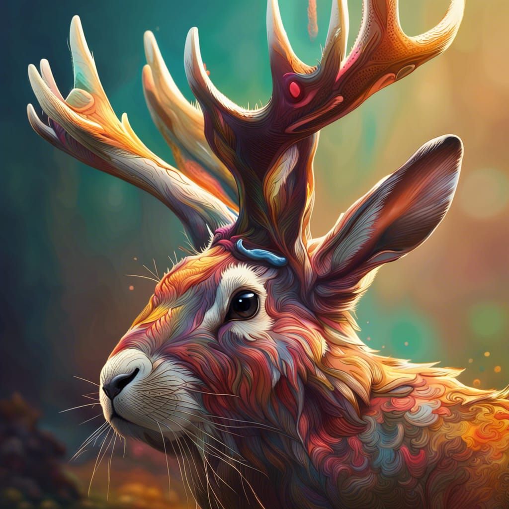Hyperrealistic Jackalope with Large Antlers Splash Art