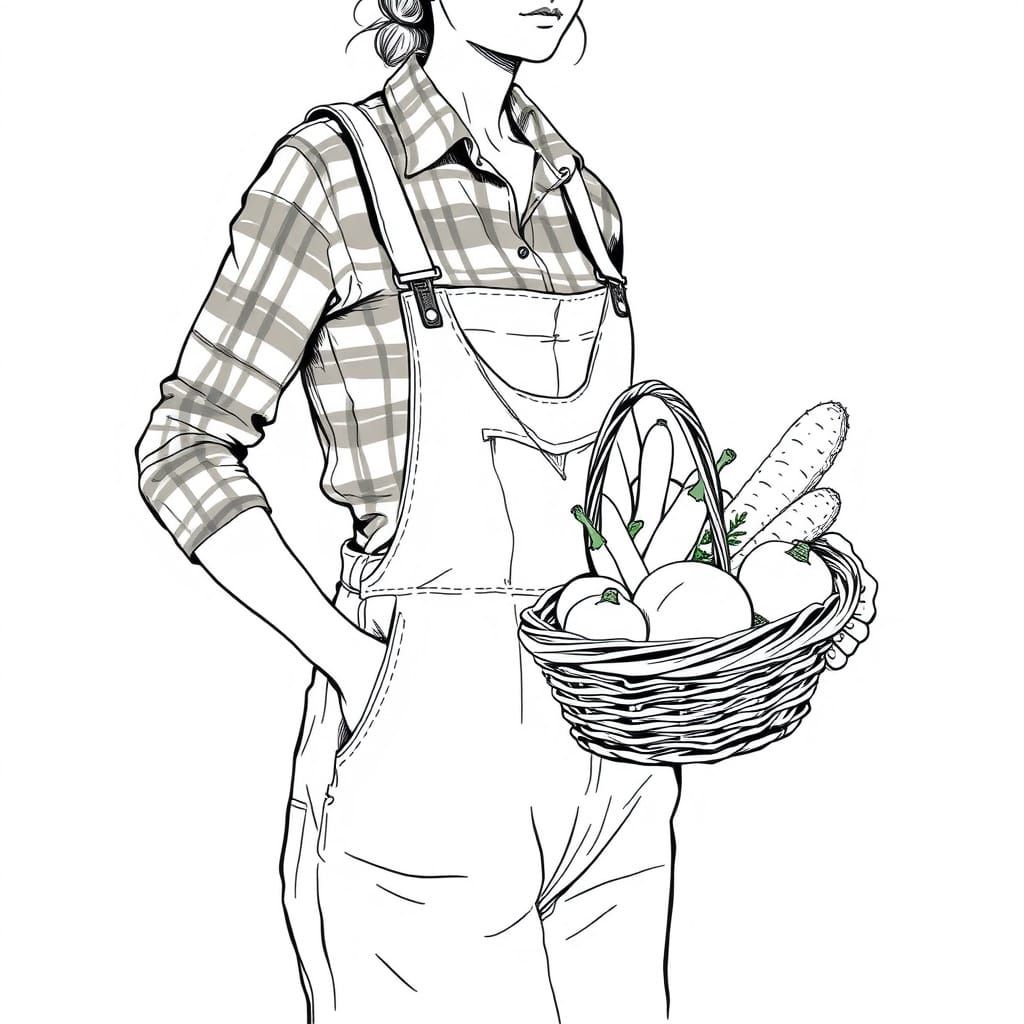 Woman with Basket in Black and White Sketch Style