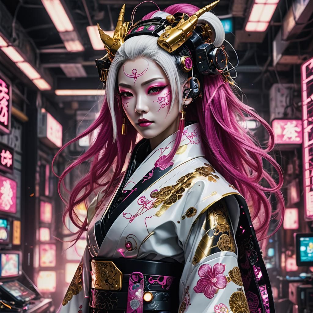 Android Geisha Portrait with Circuitboard Tattoo