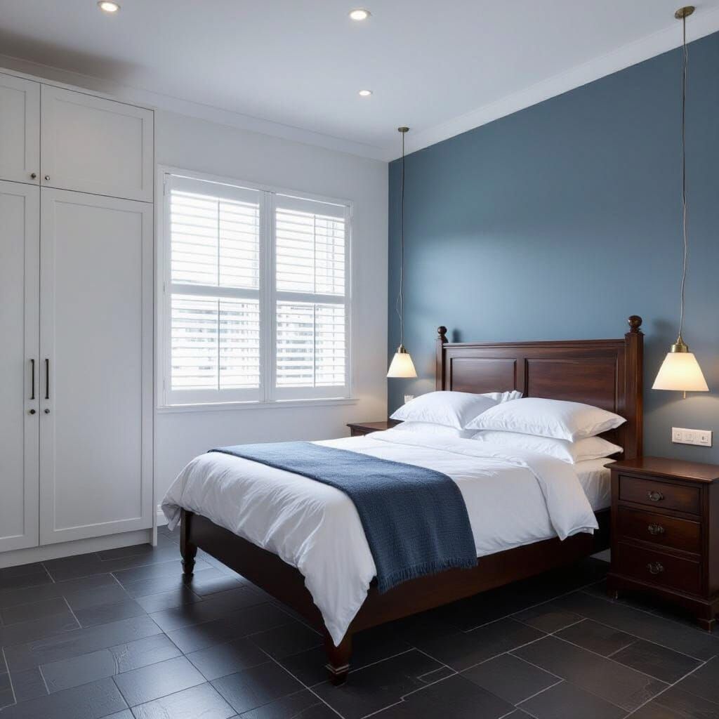 Modern Shared Bedroom With Slate Floors And Cool Blue Palett...