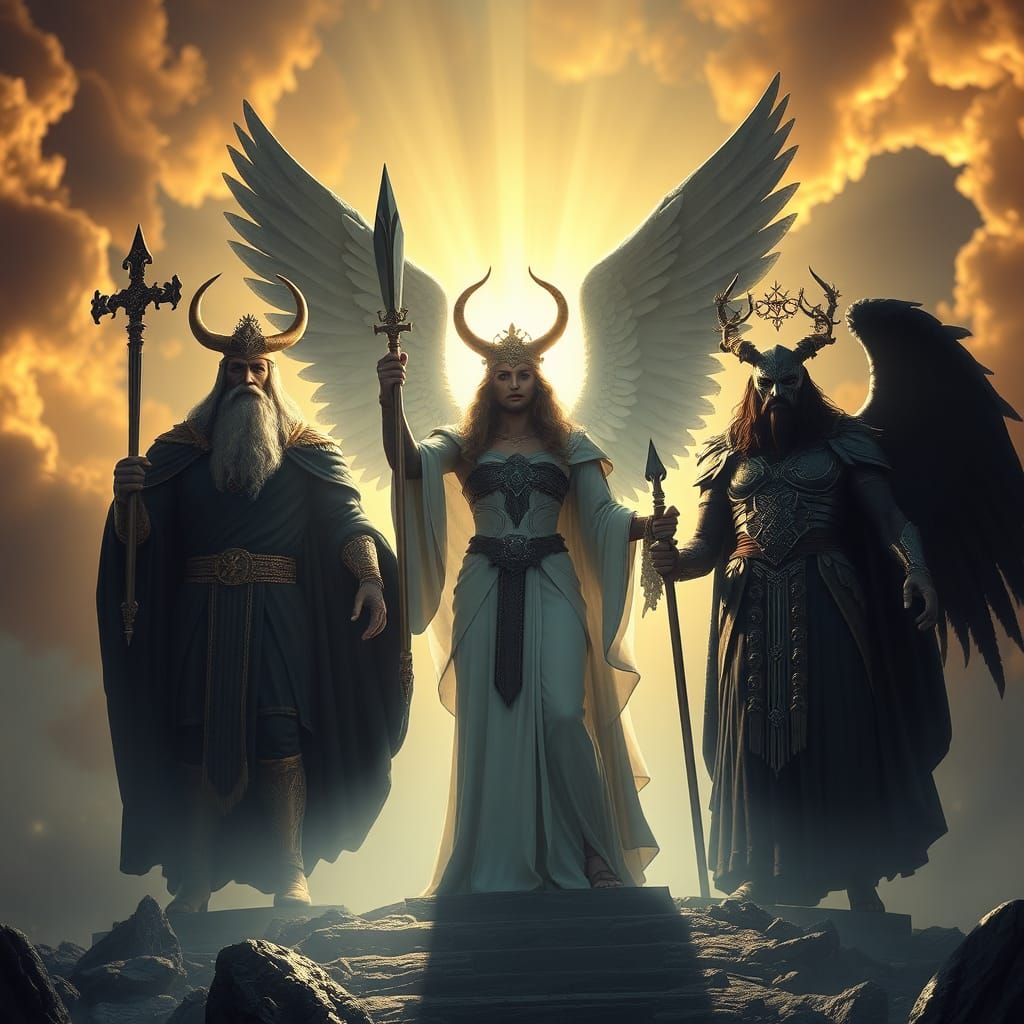Triple Deity: Odin, Morrigan, Erebus in Majestic Scene