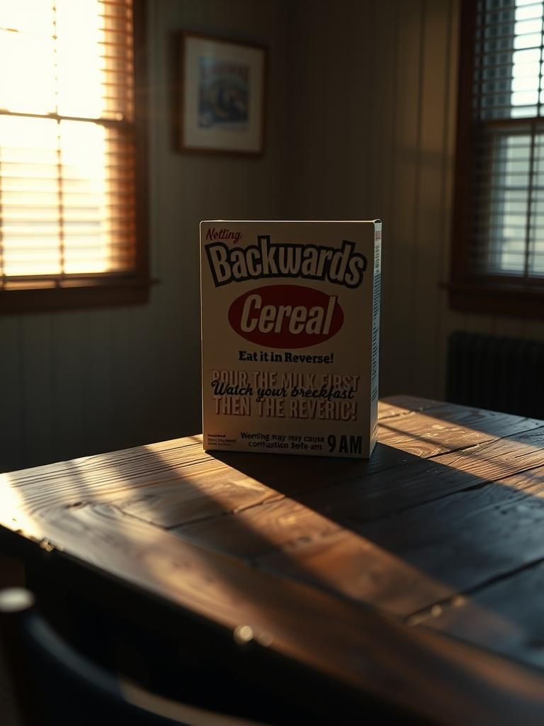 Backwards Cereal Box: Cinematic Film Still