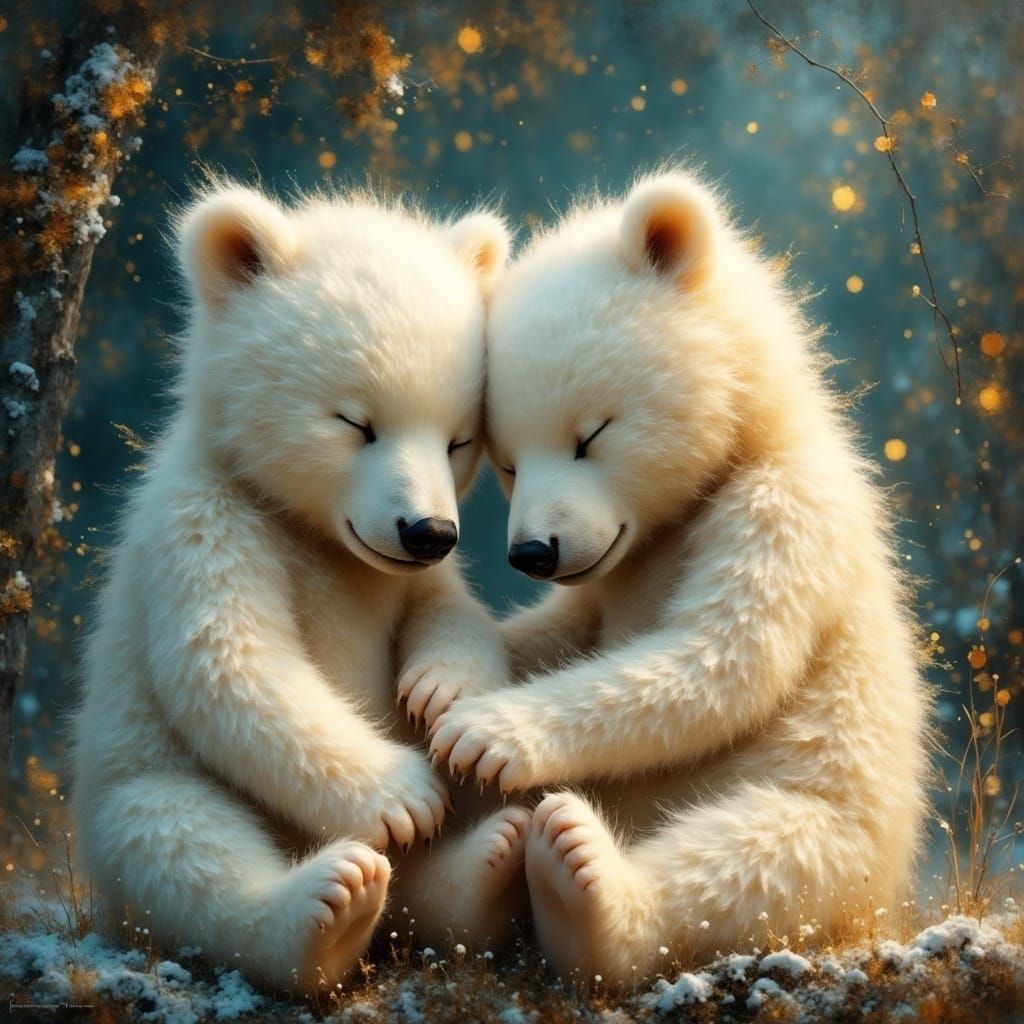 Two Adorable Fluffy White Bears Snuggle Up in Ethereal Harmo...