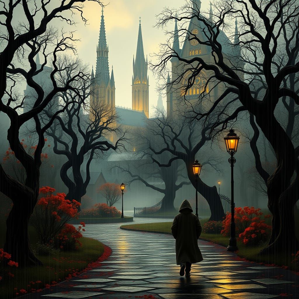 Mysterious Figure Strolls Through Enchanted City Park in Got...