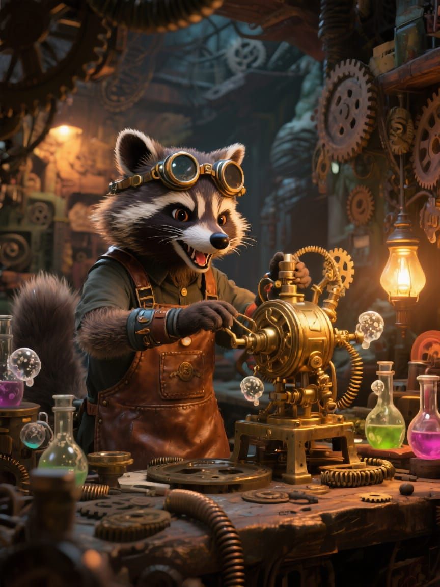 Steampunk Raccoon Inventor in Workshop with Gas Lamps