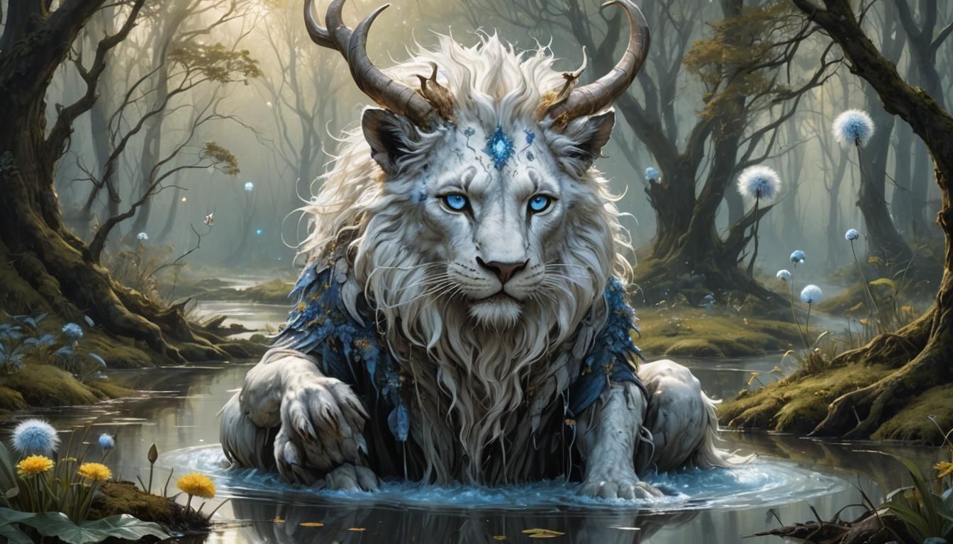 Humanoid Liquid Animal in Fantasy Forest, Elegant Painting