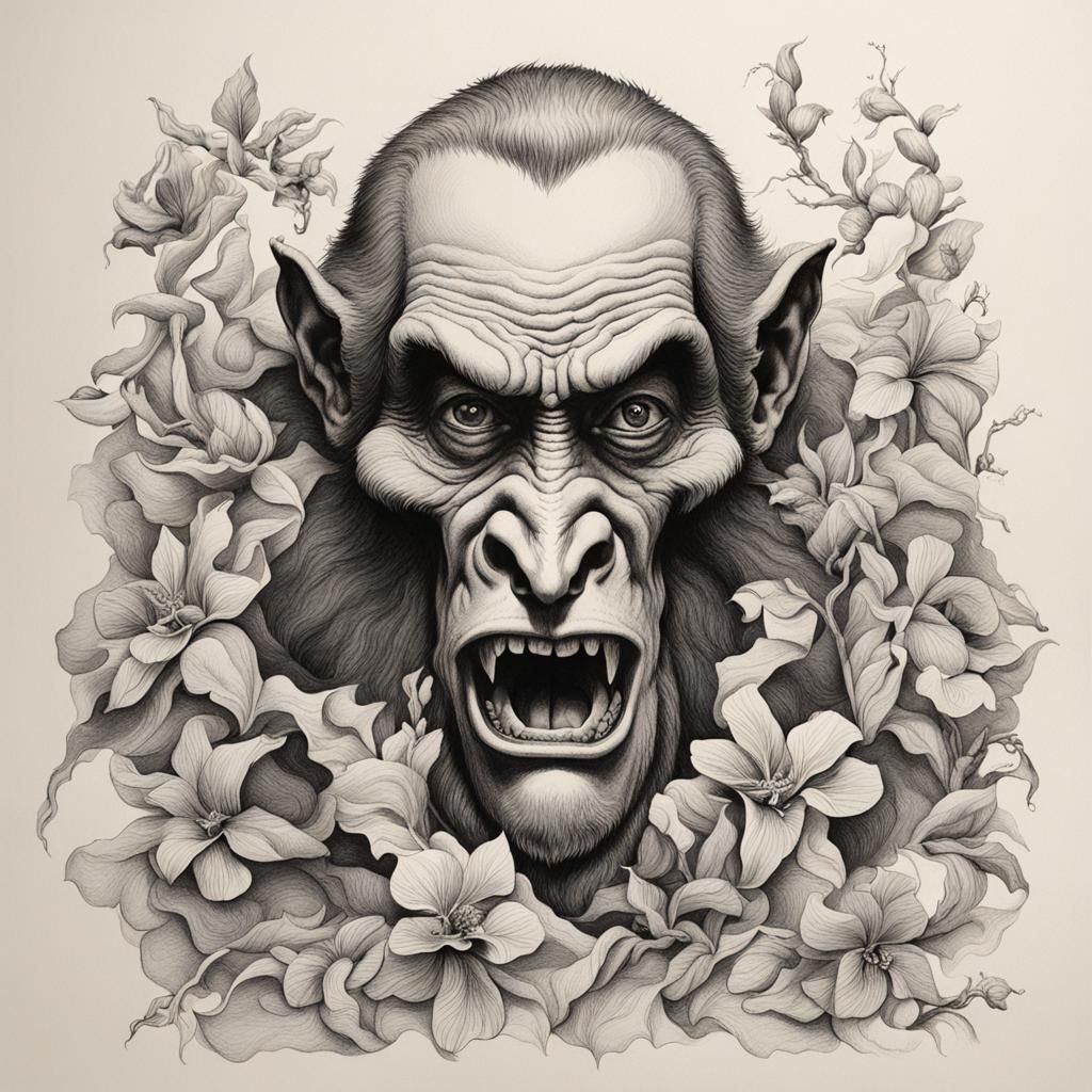 Ink Drawing of a Dracula Simia Orchid