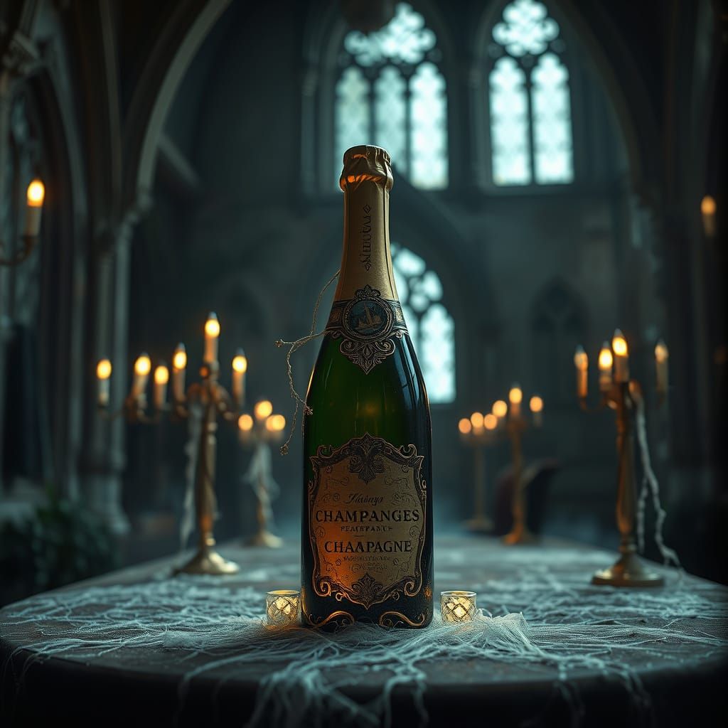 Ethereal Champagne Bottle in Abandoned Gothic Chapel