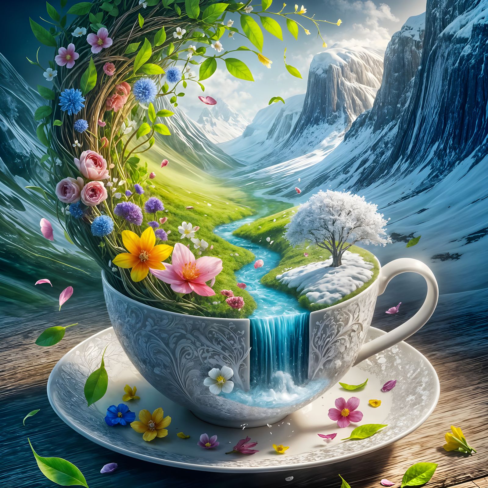 Spring Flowers Emerge From Cup With Winter Landscape