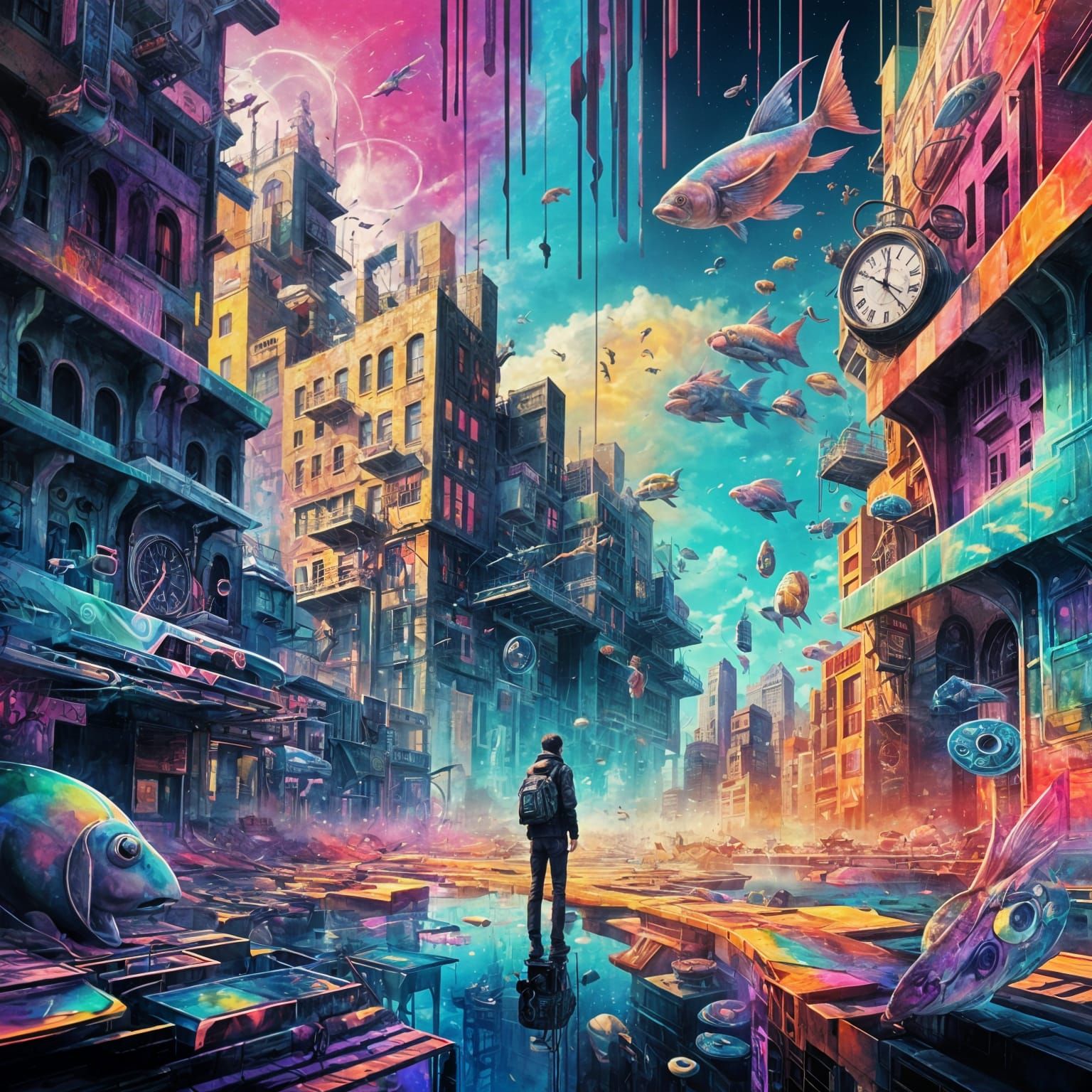 Surreal Glitchcore Scene with Floating Objects