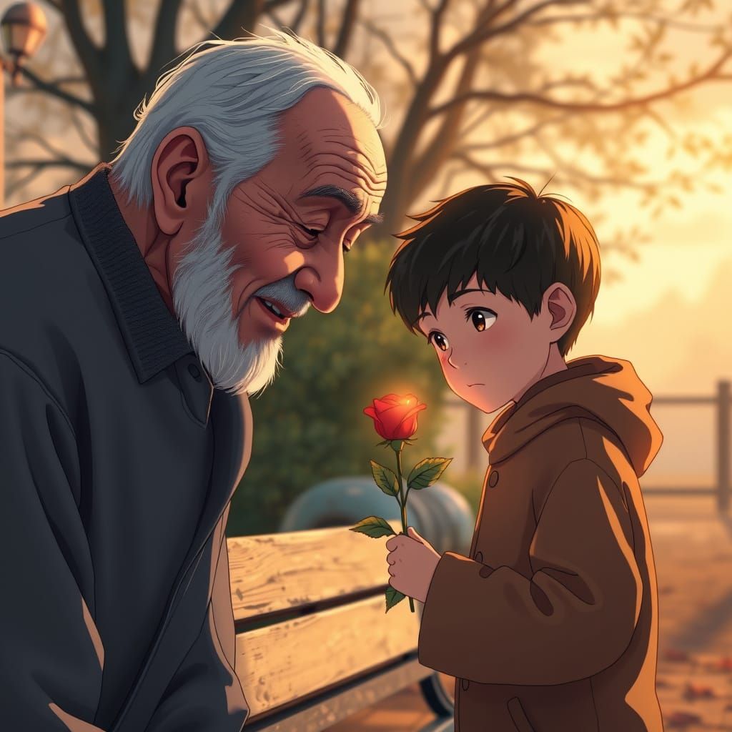 Elderly Man Receives Rose in Tender Anime Scene