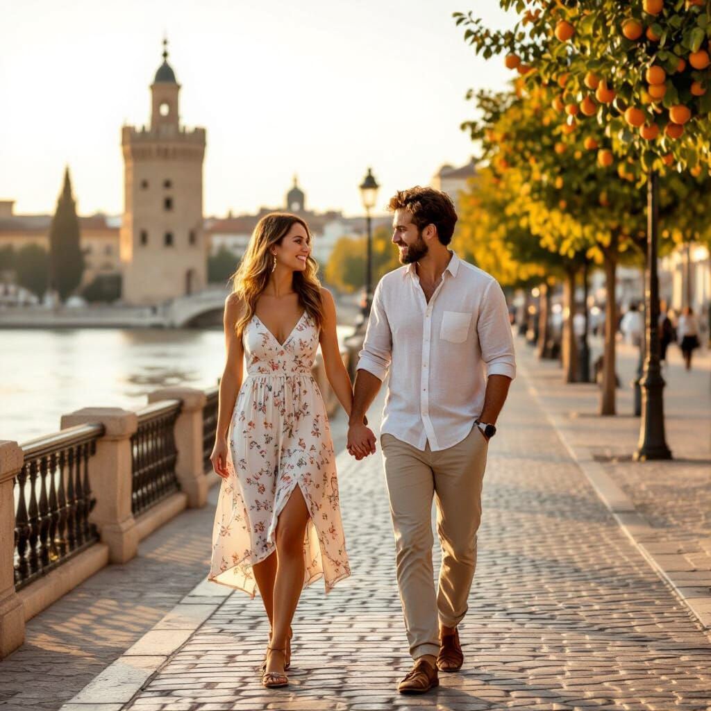 Romantic Spanish Couple near Torre del Oro, Seville
