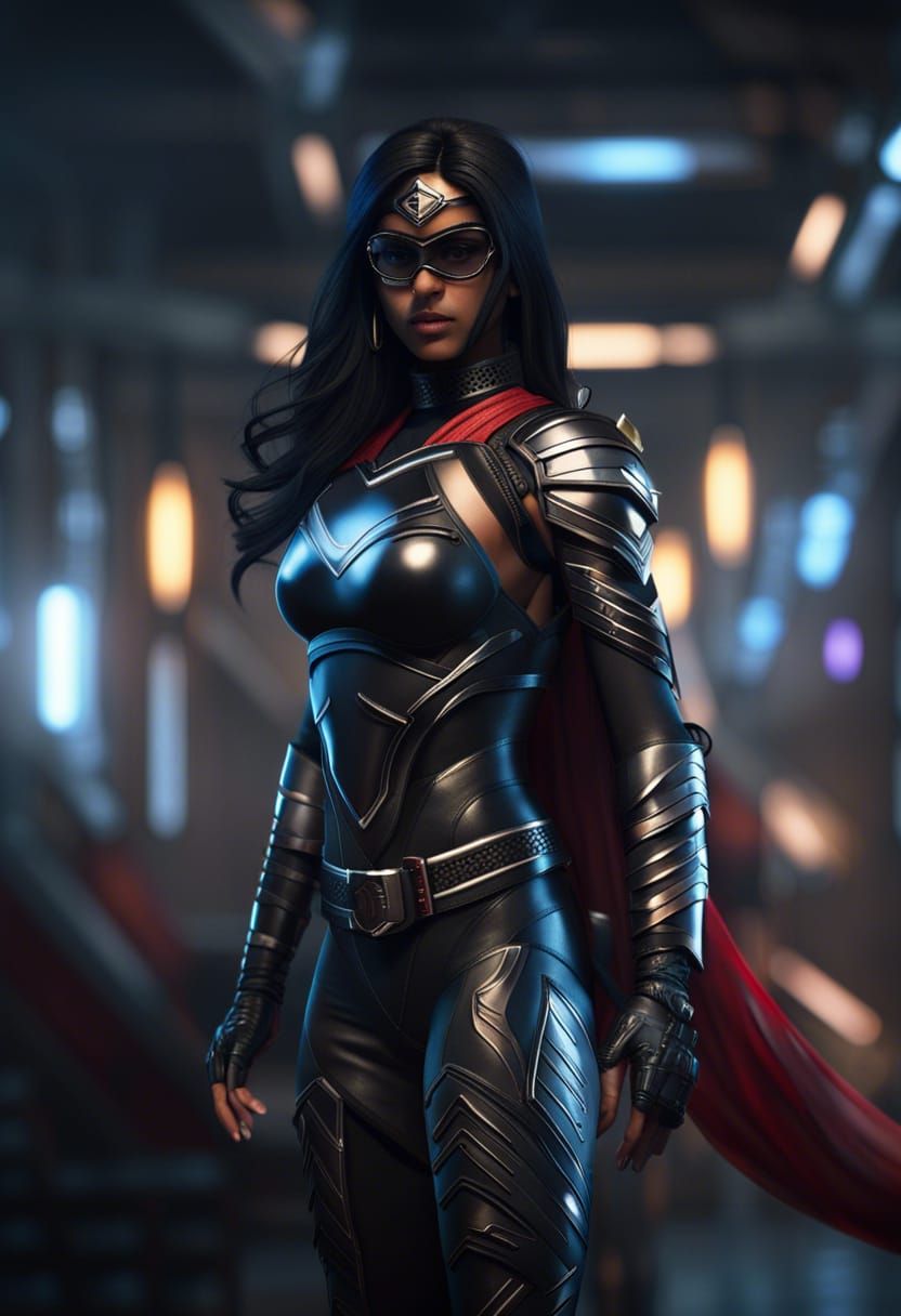 Indian Superheroine in Tactical Armor on Rooftop