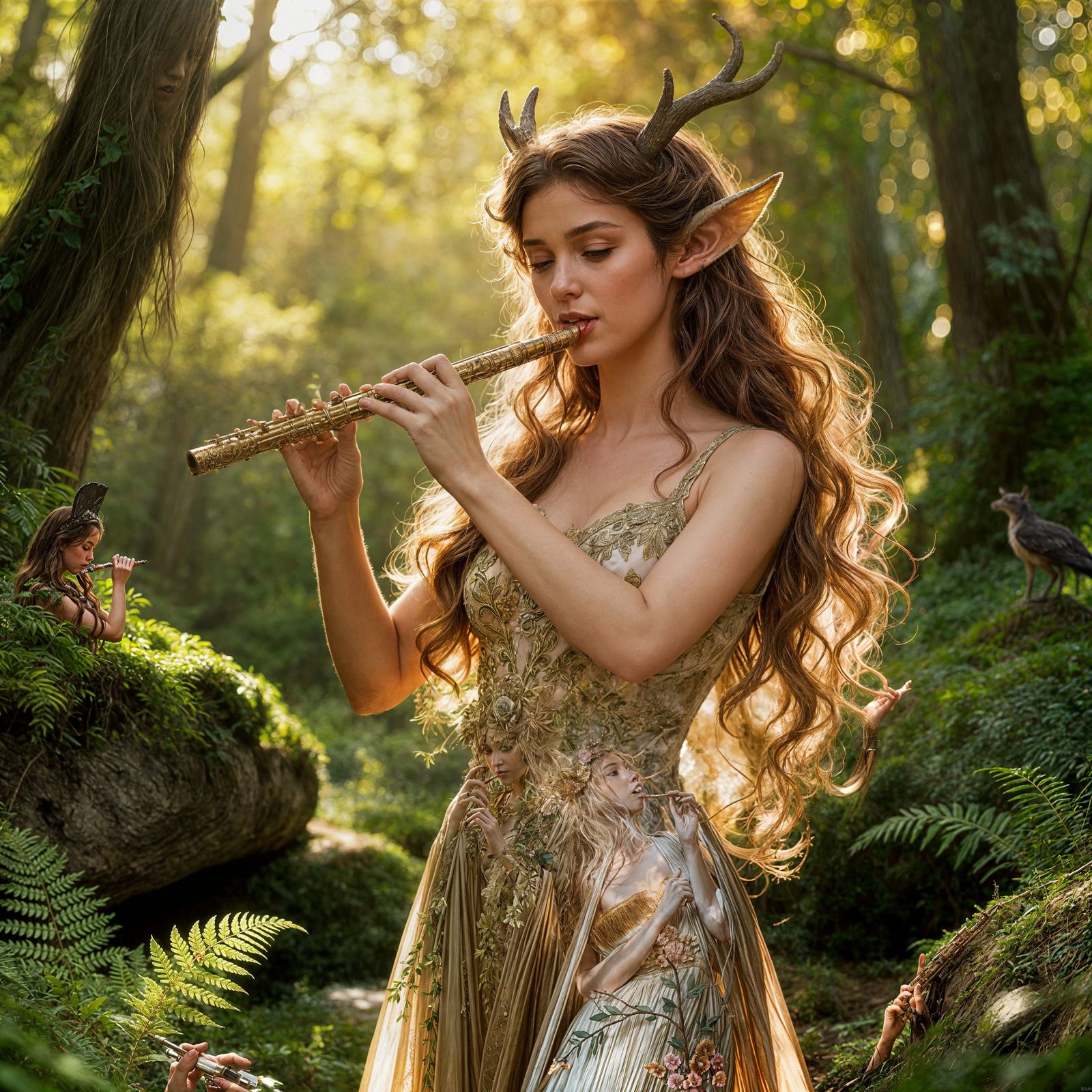 Beautiful Faun Woman Plays Flute in Lush Forest