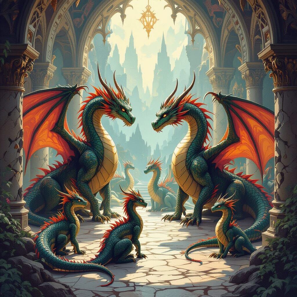 Dragons Gather in Ornate Court, Fantasy Art