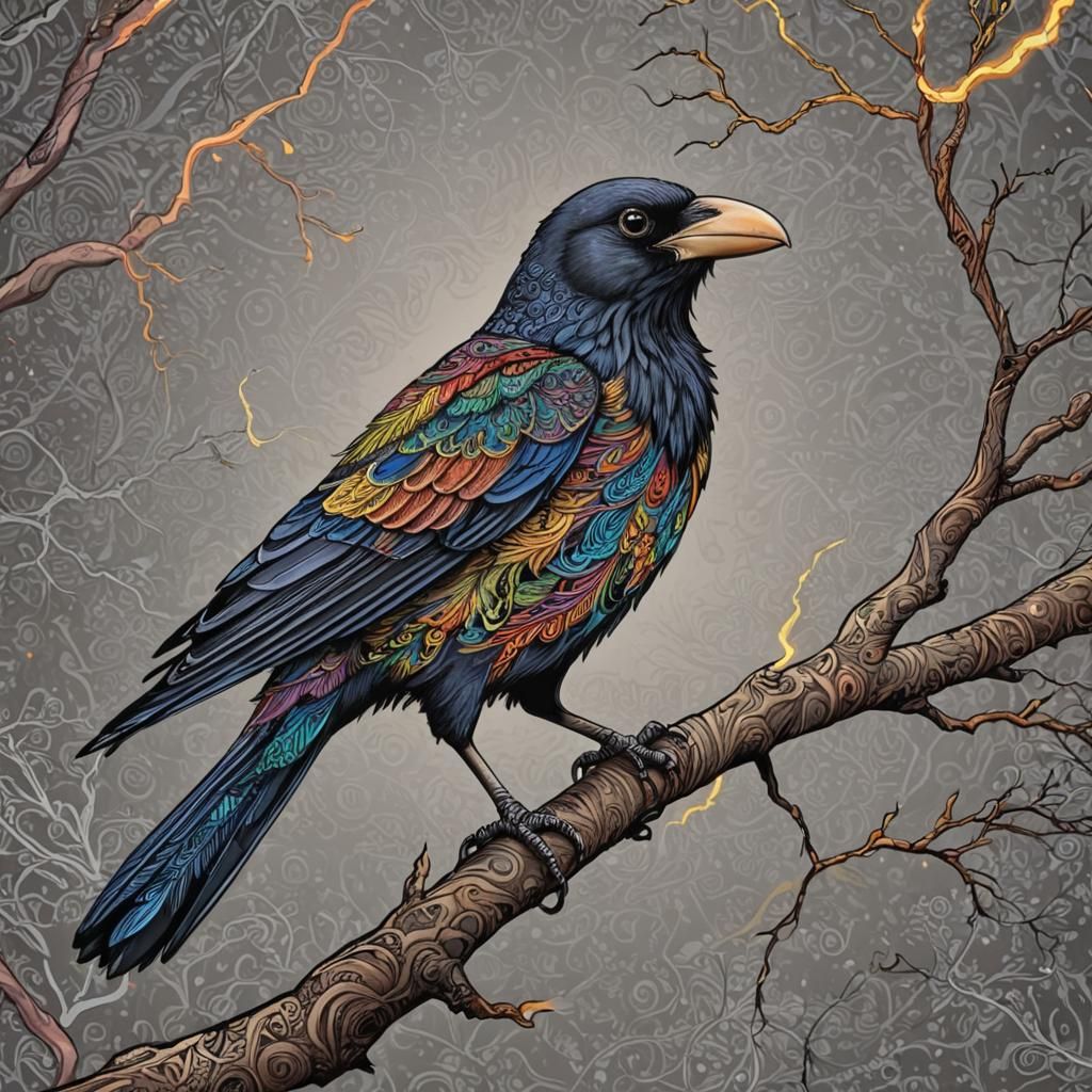 Colorful Lightning Crow on Zentangle Background