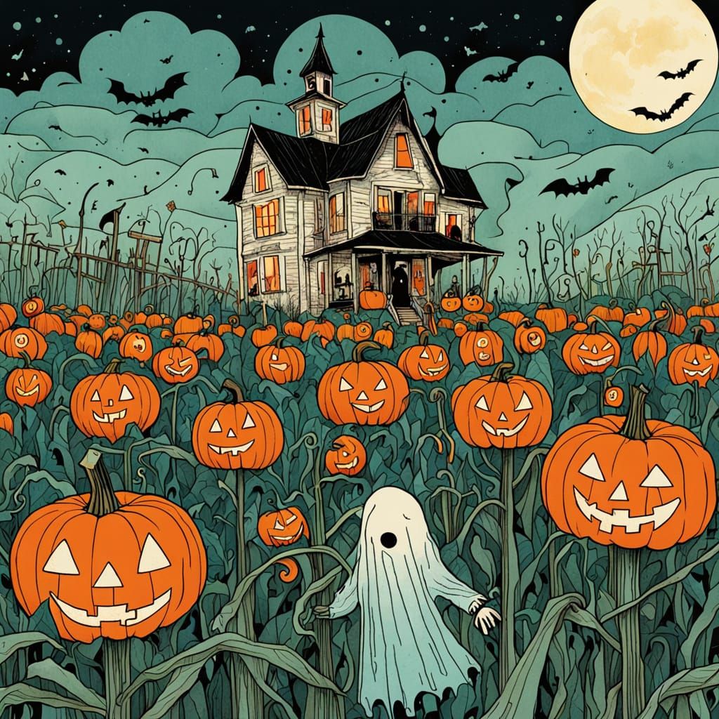 Haunted Harvest Halloween Scene with Ghostly Scarecrows