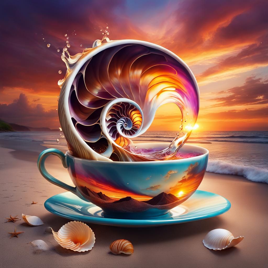Vibrant Sunset Flowing from Nautilus Shell: Fantasy Watercol...