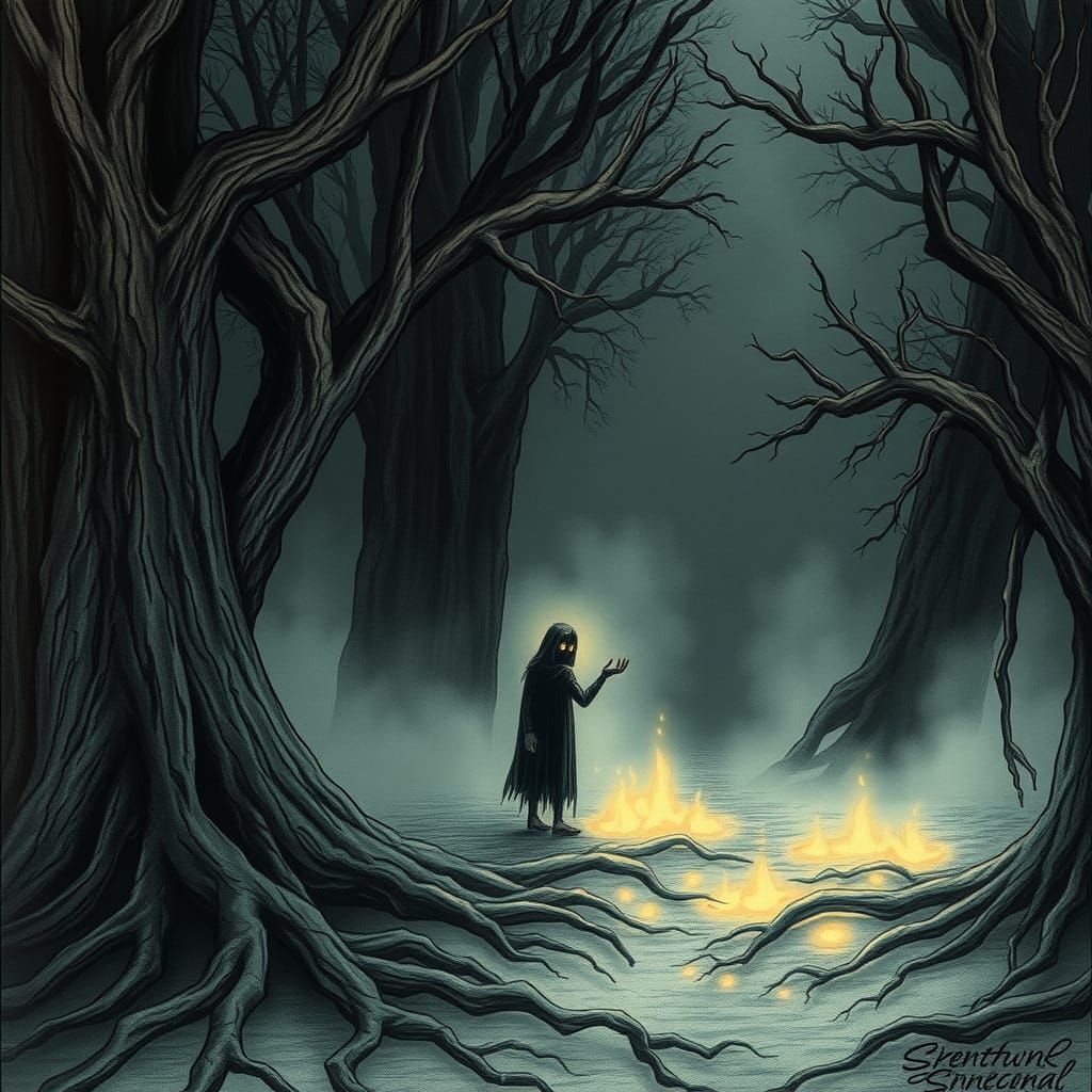 Ethereal Forest Figure Beckons in Dreamlike Illustration