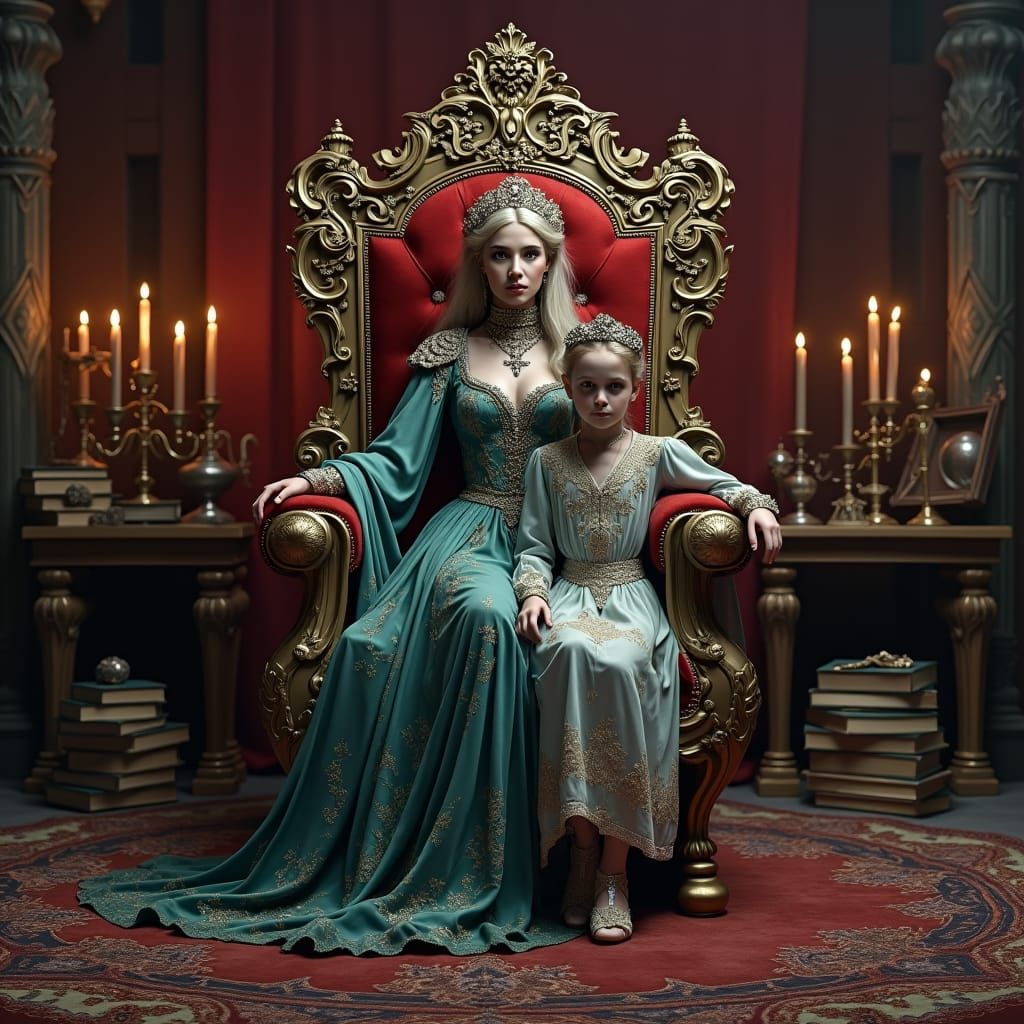 Elegant Witch and Daughter in Renaissance Study