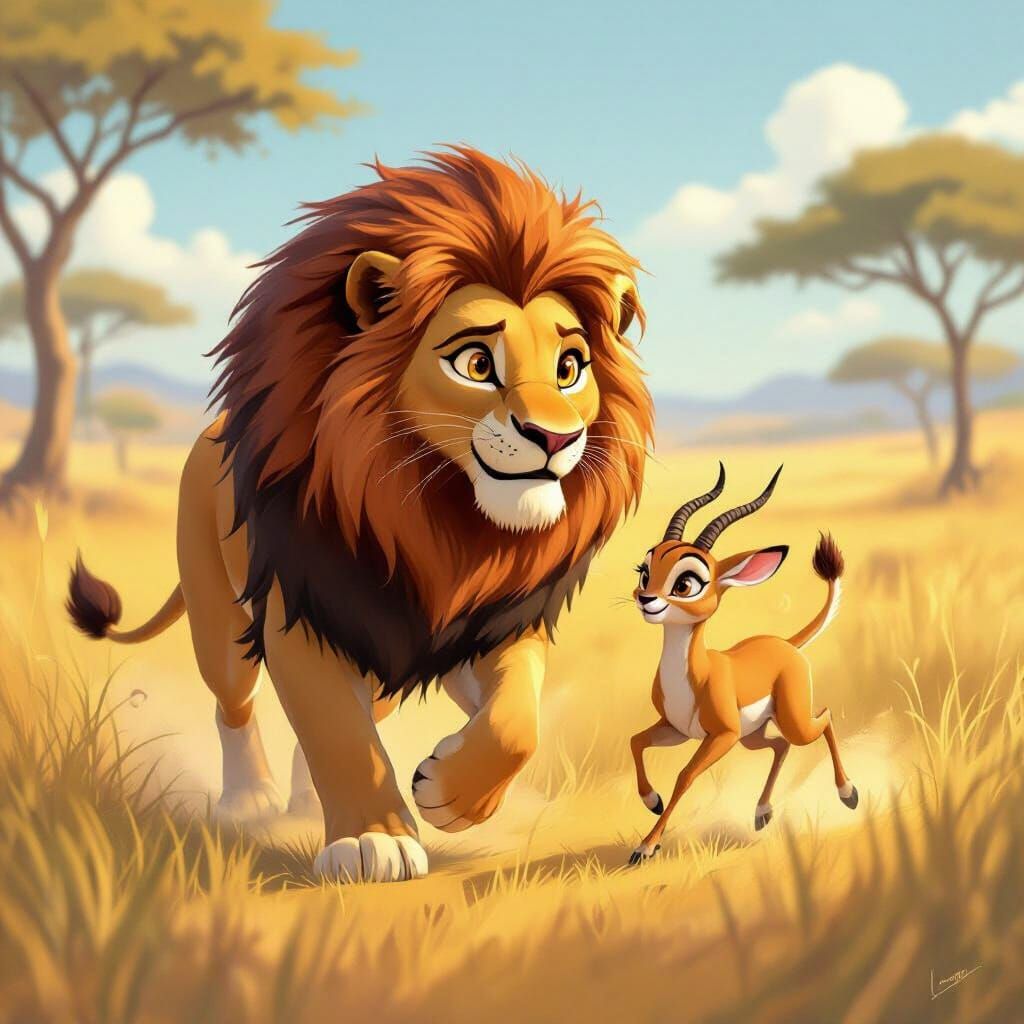 Lion Chasing Gazelle in Whimsical Disney Pixar Style