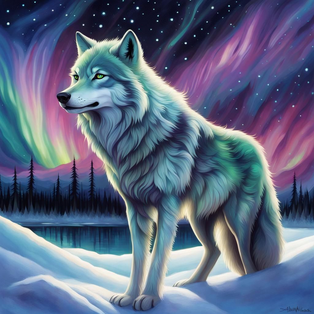 Majestic Silver Wolf Under Northern Lights