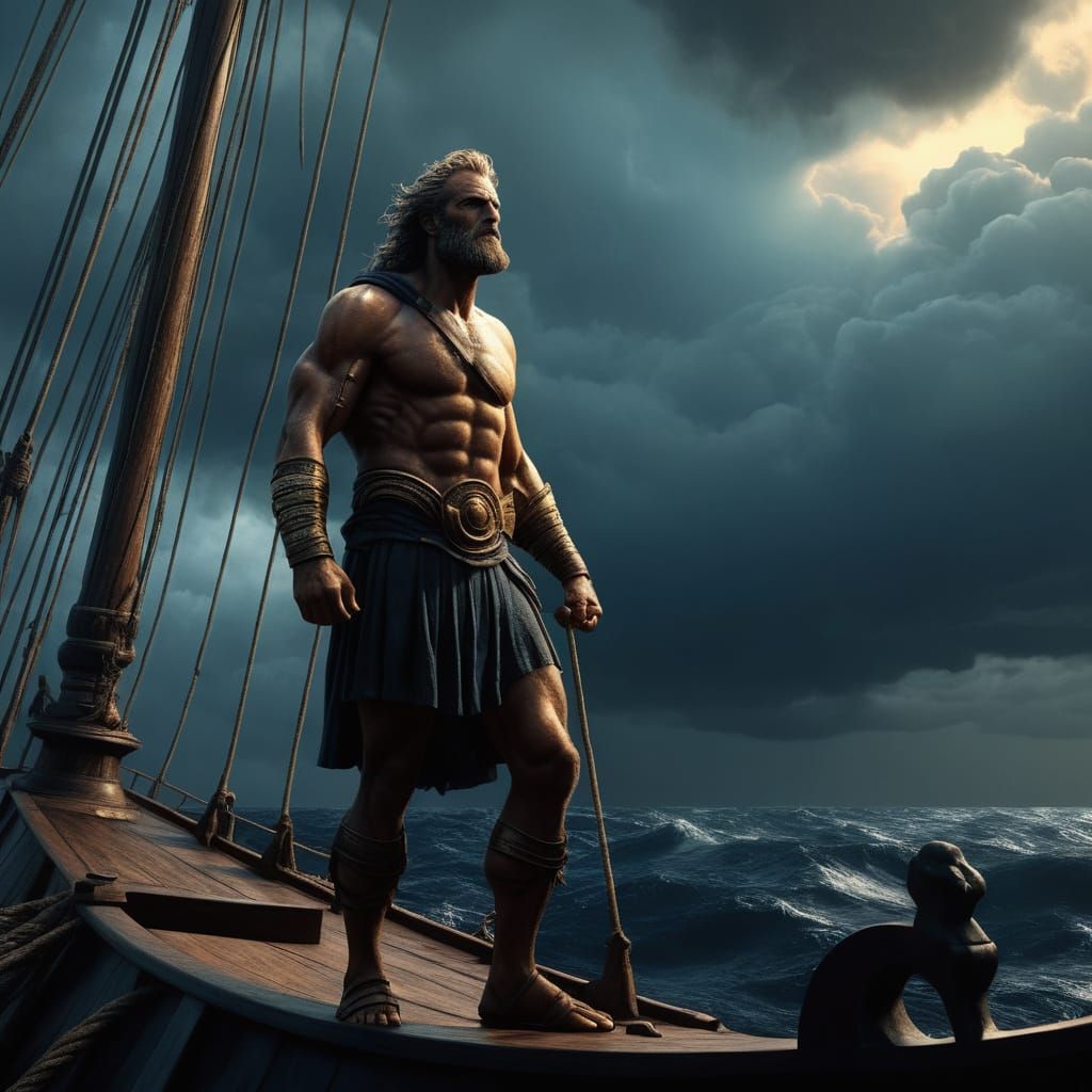 Greek Hero Faces Dark Siren in Epic Fantasy Scene