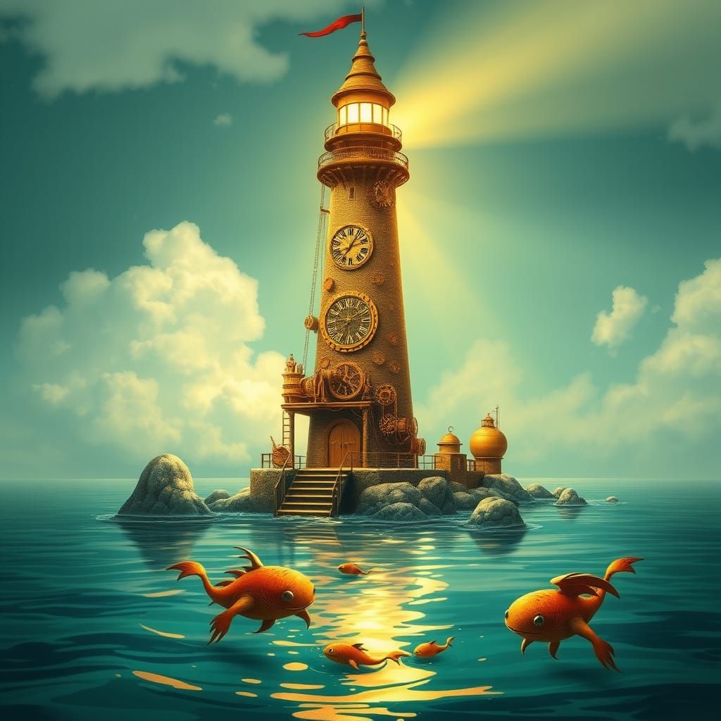 Steampunk Lighthouse Illuminates Tranquil Lagoon