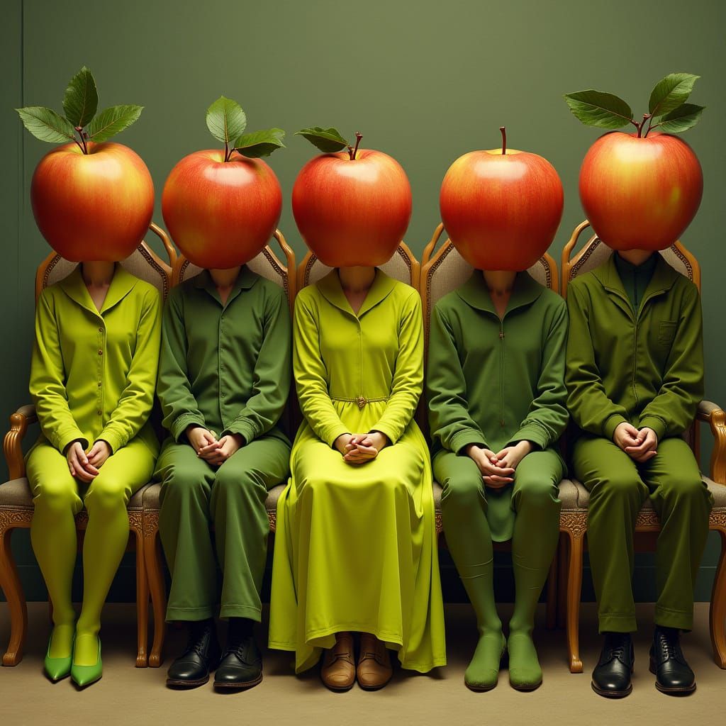 Surreal Gathering of Apple-Human Hybrids in Whimsical Settin...