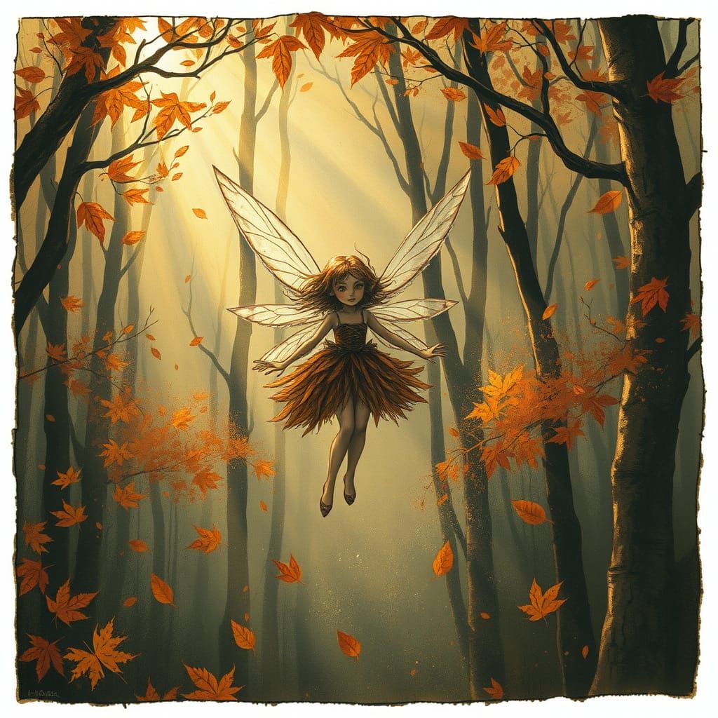 Melancholic Fairy Falls Through Autumn Forest