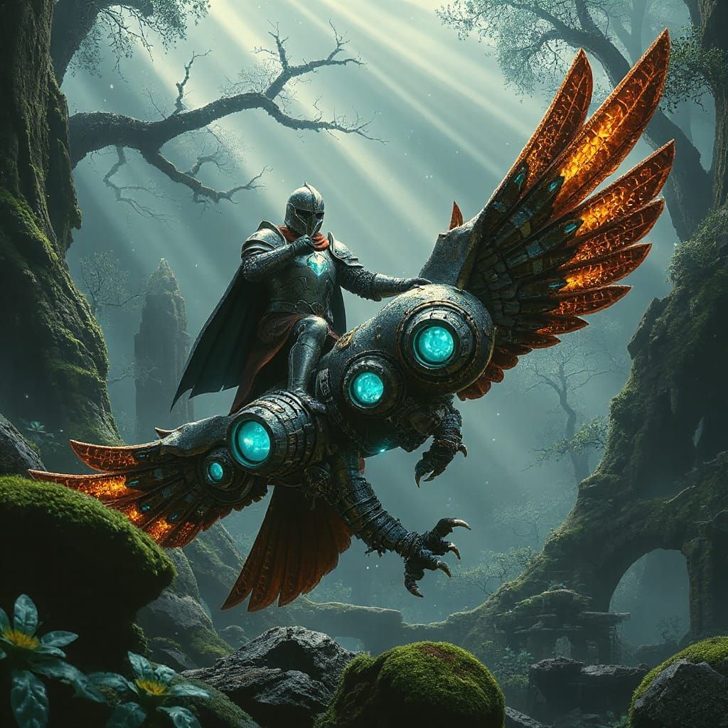 Knight on Mechanical Owl in Bioluminescent Forest