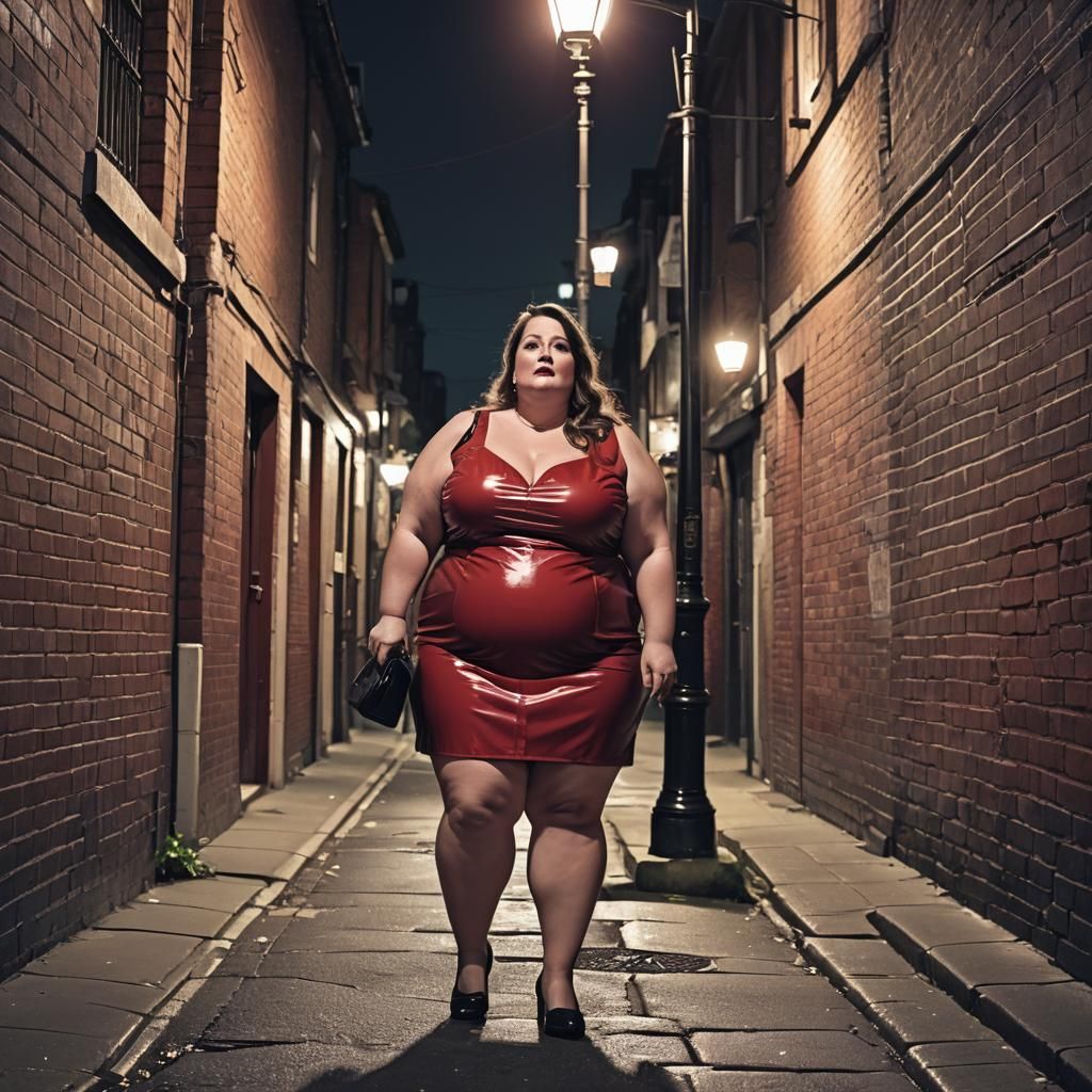 Woman in Red Dress in Moonlit Alley